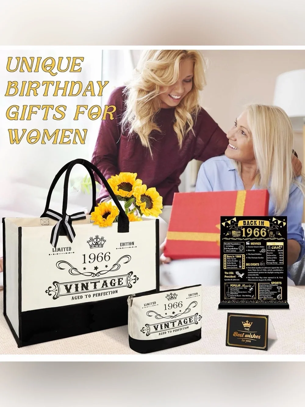 60th Birthday Gift for Women-Vintage 1966 Canvas Tote Bag,Makeup Bag,Poster